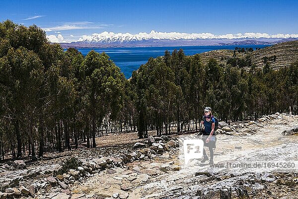 Hiking on Isla del Sol (Island of the Sun) with Cordillera Real Mountain Range behind  Lake Titicaca  Bolivia