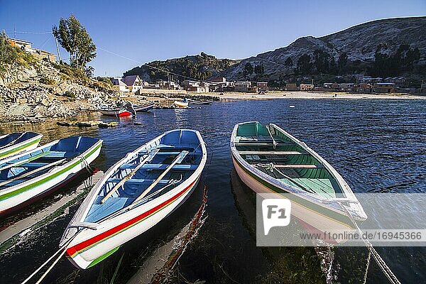 Boats in the harbour on Lake Titicaca at Challapampa village  Isla del Sol (Island of the Sun)  Bolivia