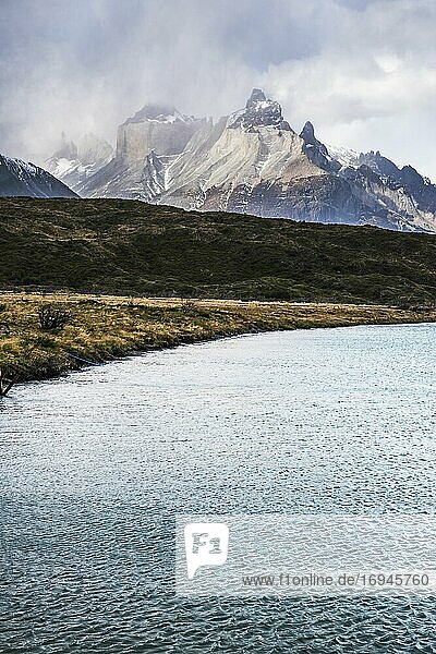 Paine Massif mountains  and Lake Pehoe  Torres del Paine National Park  Patagonia  Chile