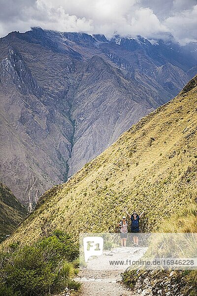 Trekking Dead Womans Pass (Warmiwañusqa) on Inca Trail Trek day 2  Cusco Region  Peru