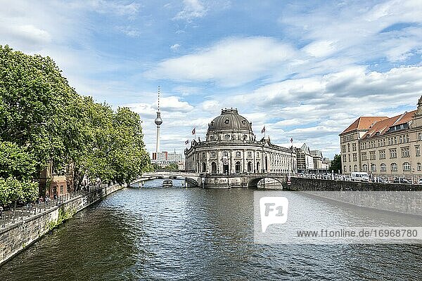Bode Museum and television tower with Spree River  Museum Island  Mitte  Berlin  Germany  Europe