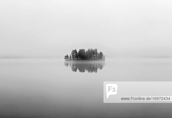 Einsame Insel spiegelt sich im ruhigen Wasser des Sees an einem nebligen Tag  Maine