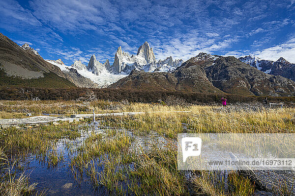 Tourist photographing Fitz Roy mountain  El Chalten  Los Glaciares National Park  Patagonia  Argentina