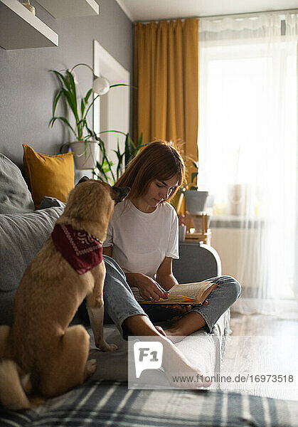 Hundebesitzer liest zu Hause ein Buch
