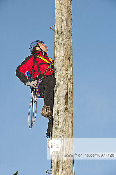 Mann klettert bei einer Hochseilübung auf eine Holzstange