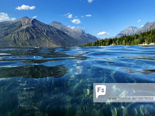 A water-level view of Lake McDonald in Glacier National Park  MT.