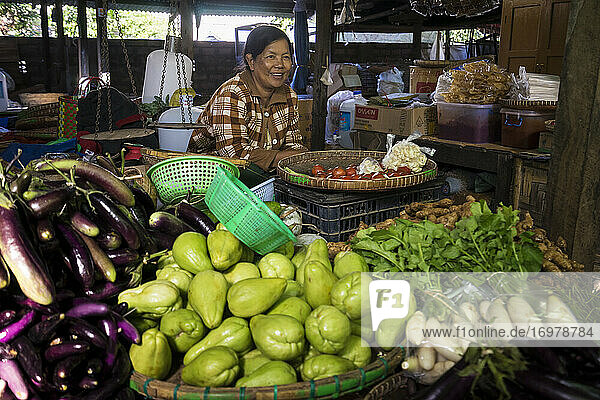 Porträt einer lächelnden Straßenmarktverkäuferin  Hsipaw  Hsipaw