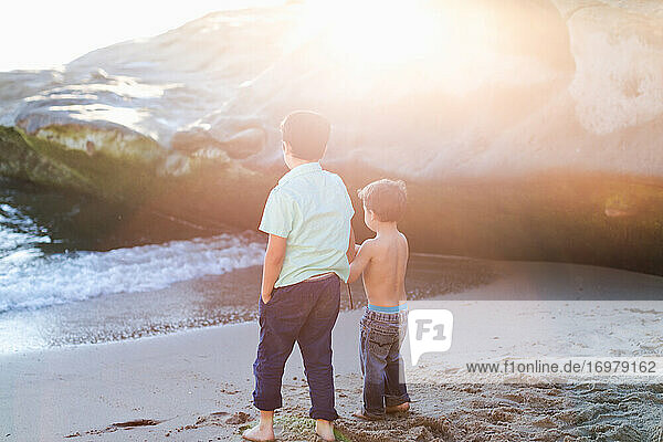 Two brothers watching the waves at the beach