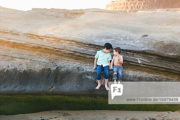Brothers sitting on a rock at the beach  holding hands and laughing.