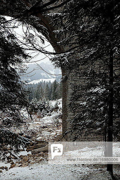 unter der Steinbrücke im Winter mit Schnee