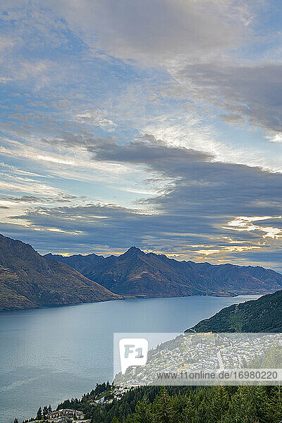 Scenic view of Fernhill  Sunshine Bay and Lake Wakatipu at dusk  Otago Region  South Island  New Zealand