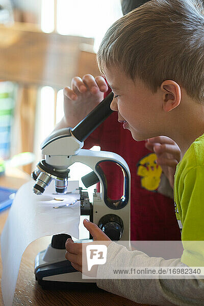 Little boy looking into microscope at home