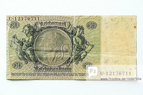 Geldschein über Fünfzig Mark  Reichsmark  50 RM  Rückseite  Reichsbanknote aus dem frühen Jahre 1933  Weimarer Republik  Deutschland  Europa