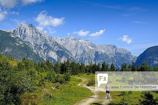 Wandererin am Katzenkopf  Weg zu den Rappenlöcher  mit Aussicht auf das Wettersteingebirge  Leutasch Tal  Leutasch  Tirol  Österreich  Europa
