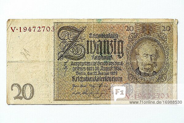 Geldschein über Zwanzig Mark  Reichsmark  20 RM  Vorderseite mit Abbild des Werner von Siemens  Reichsbanknote aus dem Jahre 1929  Weimarer Republik  Deutschland  Europa