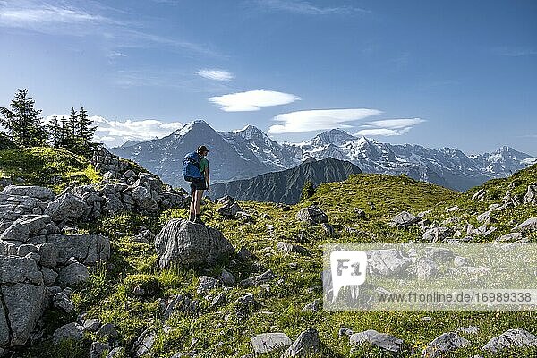 Hiker standing on rocks and looking at mountains  Schynige Platte  mountain top in the back  Jungfrau region  Grindelwald  canton Bern  Switzerland  Europe