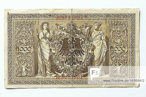 Geldschein über Tausend Mark  Reichsmark  1000 RM  Rückseite  Reichsbanknote aus dem Jahre 1910  Deutsches Kaiserreich  Deutschland  Europa