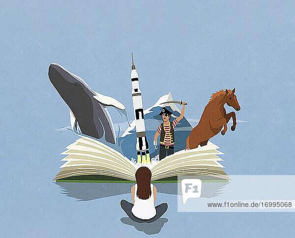 Fantasievolles Mädchen liest Abenteuer-Reisebuch
