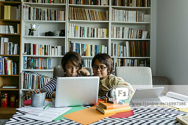 Männliche Freunde  die zu Hause am Laptop lernen