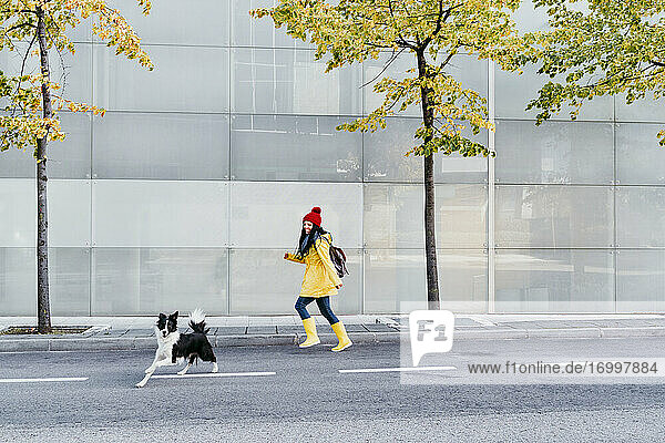 Glückliche Frau läuft im Herbst auf der Straße hinter einem Hund her