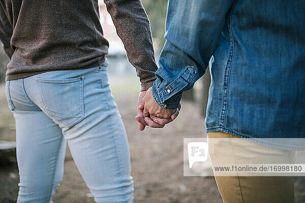 Gay couple holding hands while walking in public park