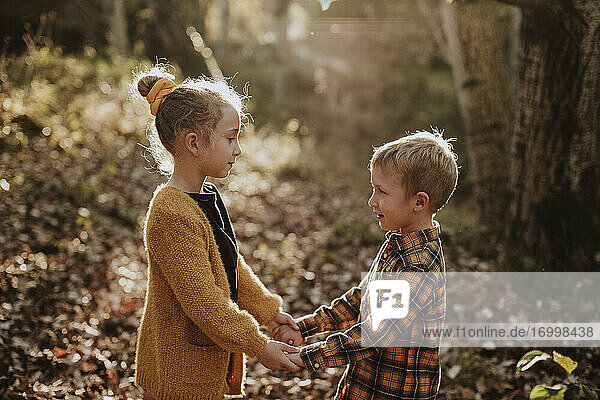 Junge und Mädchen schauen sich an  während sie im Wald stehen und sich an den Händen halten