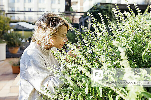 Blonde Frau riecht an einer Blumenpflanze auf einer Gebäudeterrasse