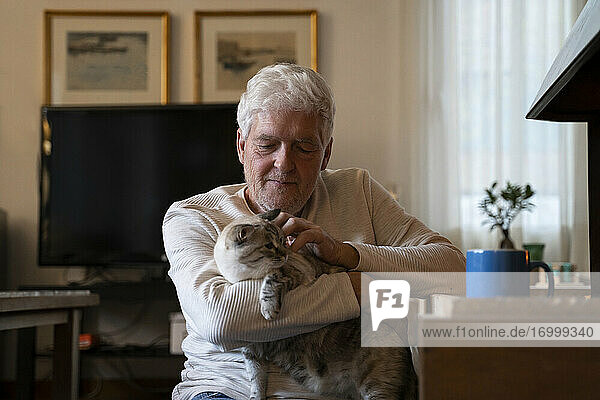 Man playing with cat while sitting at home