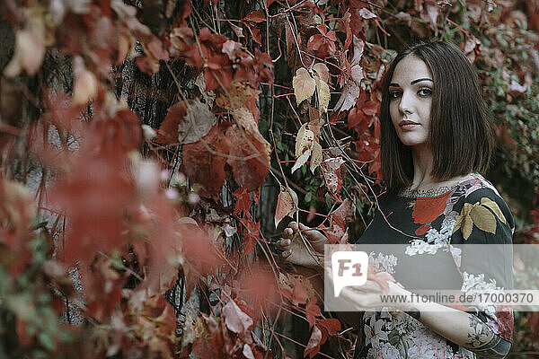 Schöne Frau steht an einer Efeuwand im Herbst im Park
