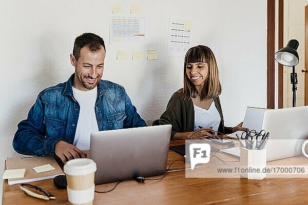 Smiling business couple working together from home in living room