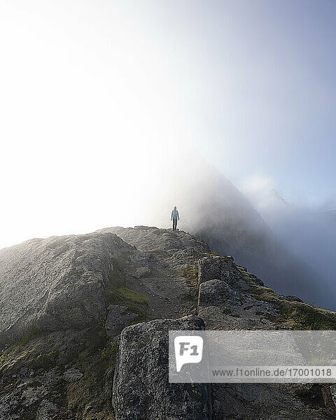 Frau steht auf einem Berg am Helvetestinden  Lofoten  Norwegen