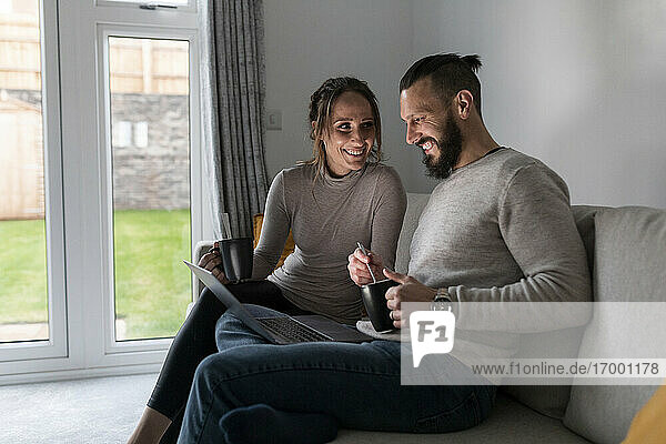 Smiling young couple having tea while using laptop on sofa at home