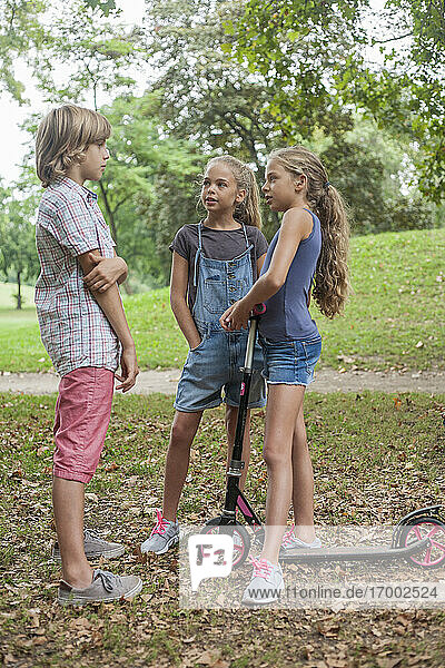 Mädchen im Gespräch mit einem Jungen  während sie im Herbst im Park stehen