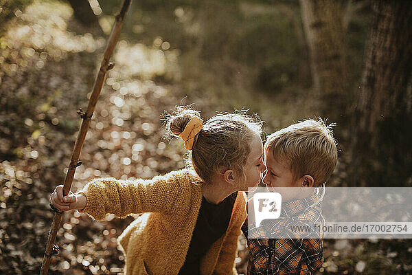 Schwester hält Stock und küsst Bruder im Wald