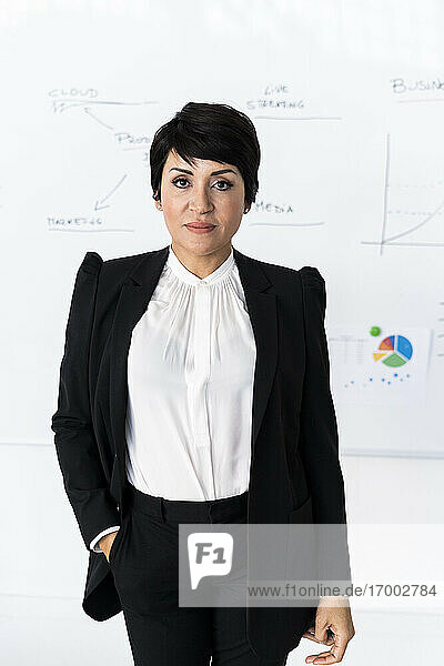 Porträt einer Geschäftsfrau  die vor einem Whiteboard im Büro posiert