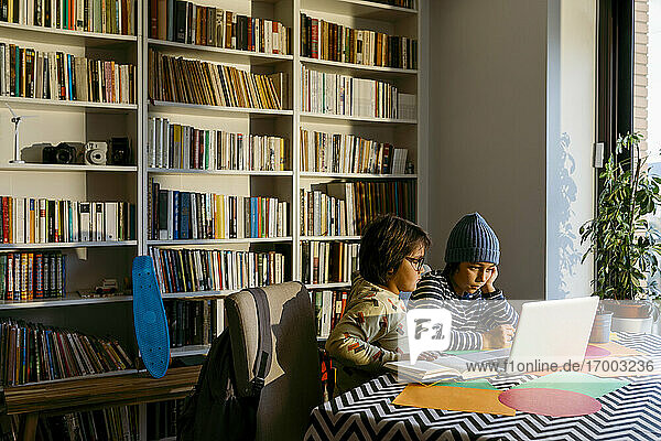Jungen  die im Wohnzimmer sitzend mit dem Laptop konzentriert e-Learning betreiben
