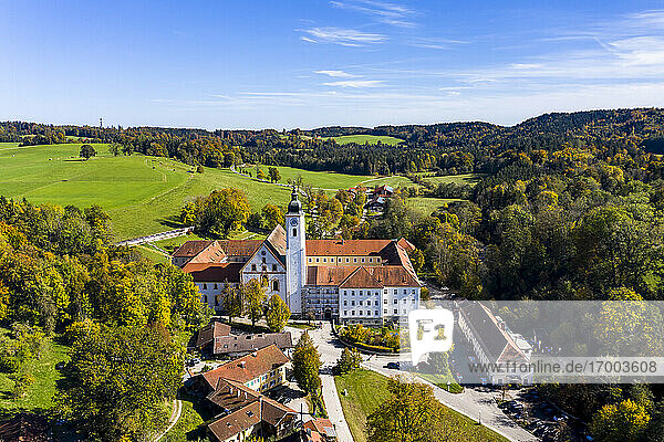 Germany  Bavaria  Dietramszell  Helicopter view of Dietramszell Monastery on sunny day