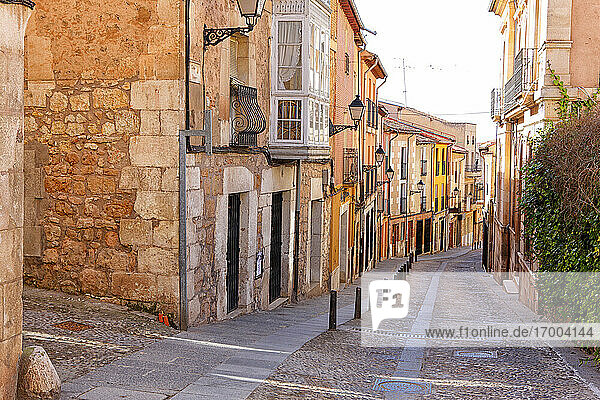 Spain  Province of Burgos  Lerma  Old houses along empty cobblestone town street