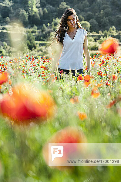 Junge Frau steht inmitten von Mohnpflanzen auf einem Feld im Frühling