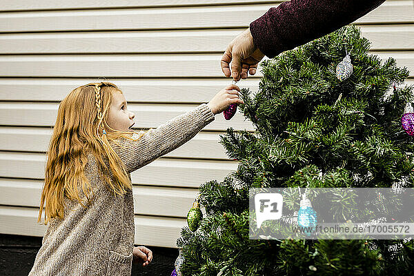 Hand des Vaters  der seiner Tochter beim Schmücken des Weihnachtsbaums im Garten hilft