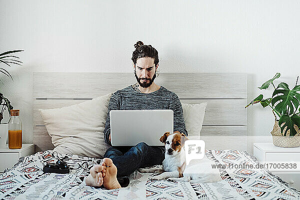 Junger Mann  der einen Laptop benutzt  während er neben seinem Haustier auf dem Bett zu Hause sitzt