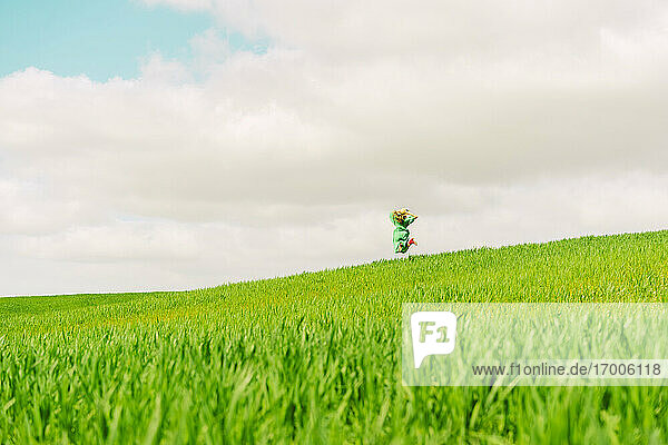 Rückenansicht einer Frau im grünen Kleid auf einem Feld  die in die Luft springt