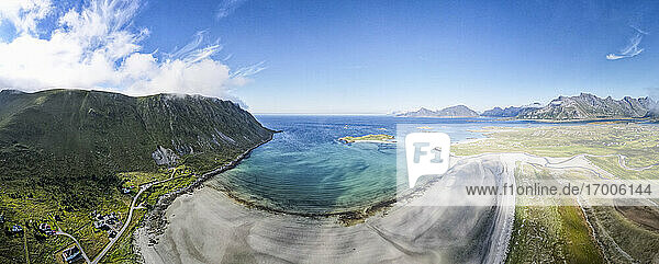 Landscape view with sea against sky at Fredvang. Lofoten  Norway