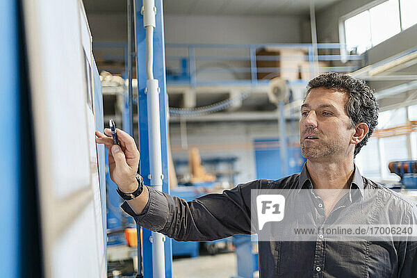 Portrait of carpenter checking plans hanging on board