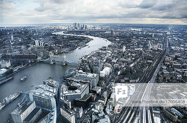 United Kingdom  London  Canary Wharf  Tower Bridge and River Thames  aerial view