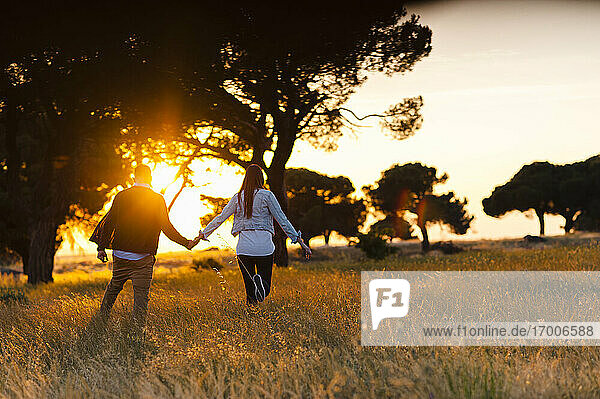 Junges Paar geht bei Sonnenuntergang auf einem landwirtschaftlichen Feld spazieren