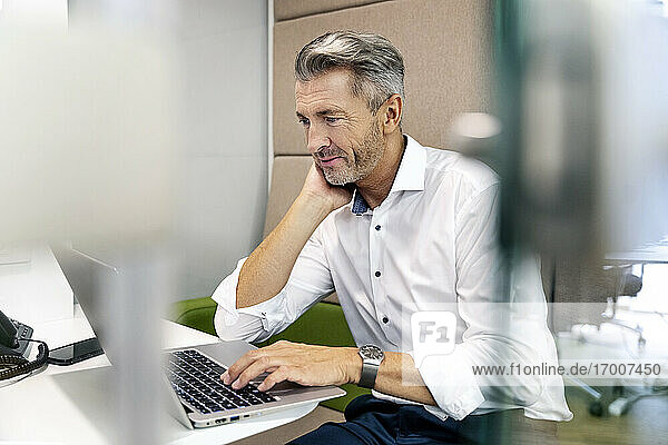 Geschäftsmann  der einen Laptop benutzt  während er am Schreibtisch im Büro sitzt