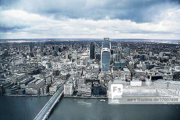 United Kingdom  London  Financial district with the Walkie Talkie Building and River Thames  aerial view