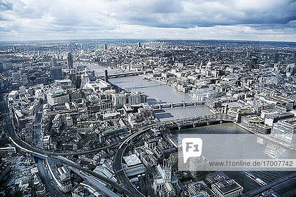 United Kingdom  London  Cityscape with St Pauls Cathedral and River Thames  aerial view