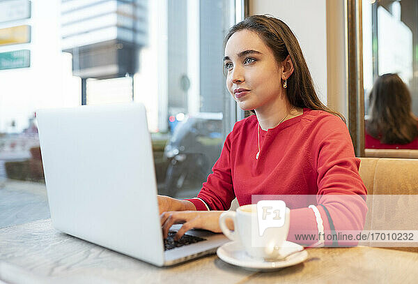 Junge Frau  die einen Laptop benutzt  während sie in einem Café sitzt